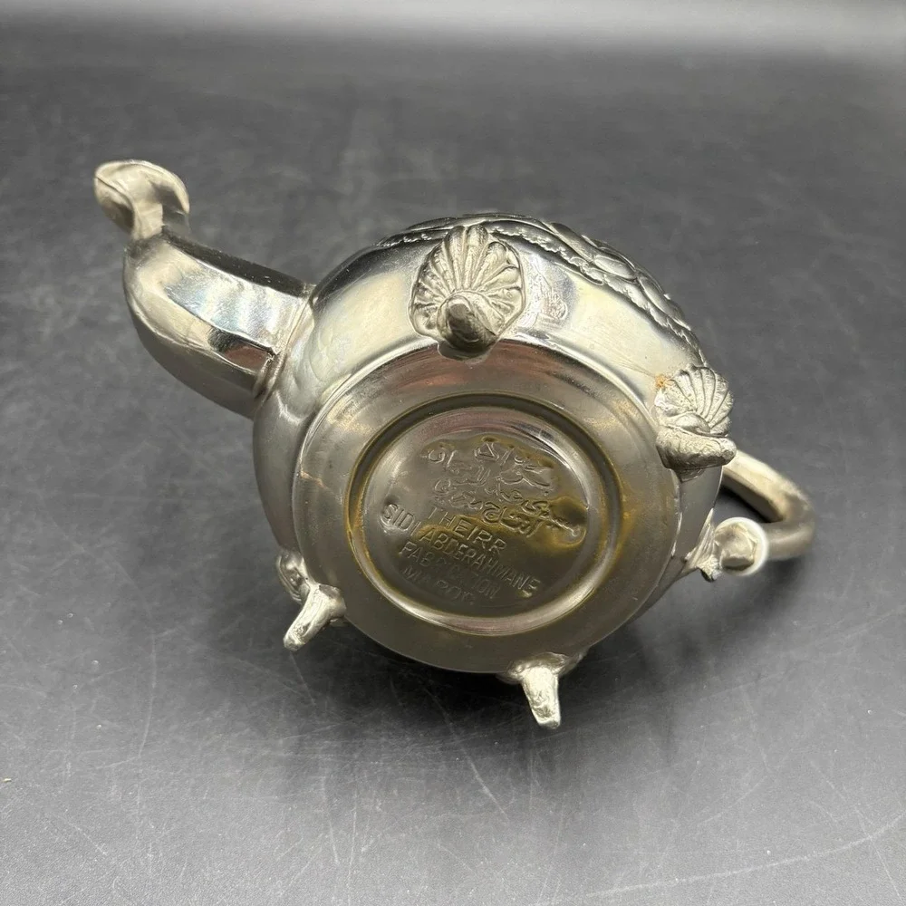 Vtg Moroccan HandMade Silverplate Footed Ornate Teapot Theirr Sidi Abderahmine